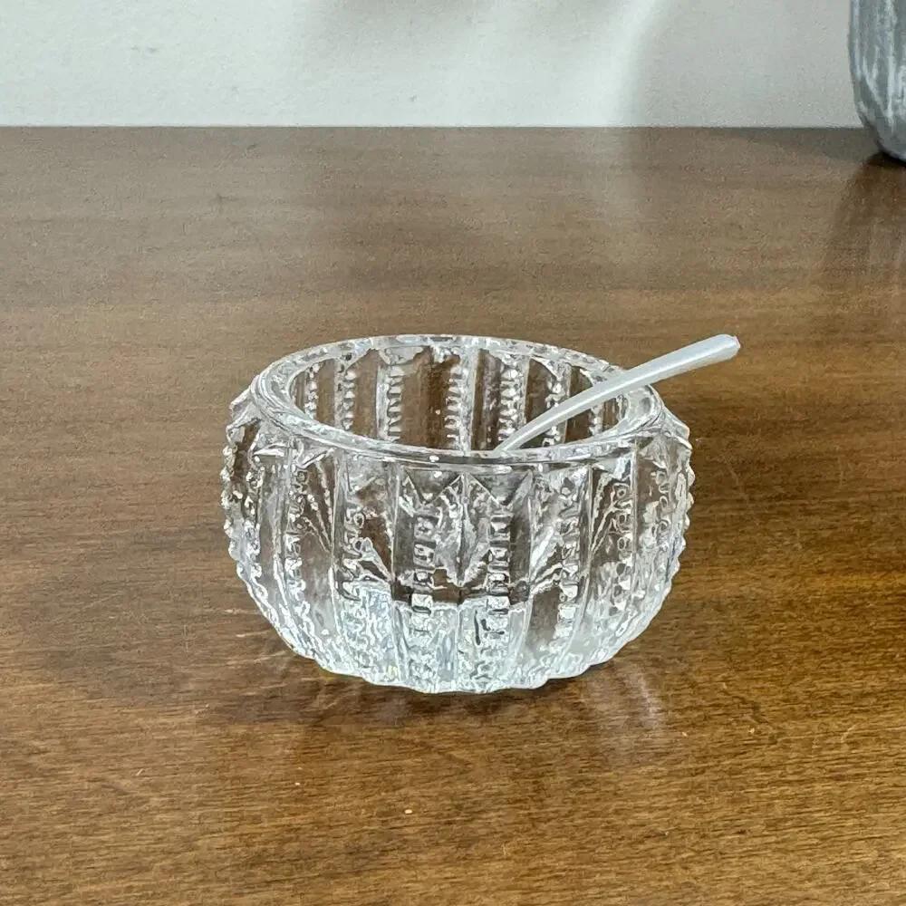 Vintage Antique Open Salt Cellar Clear Glass with Spoon 1.75